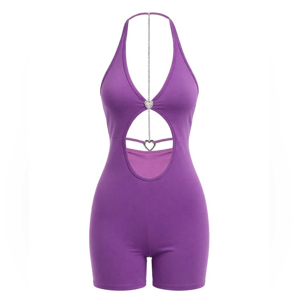 Women's Purple Halter Cutout Romper with Heart Chain Detail